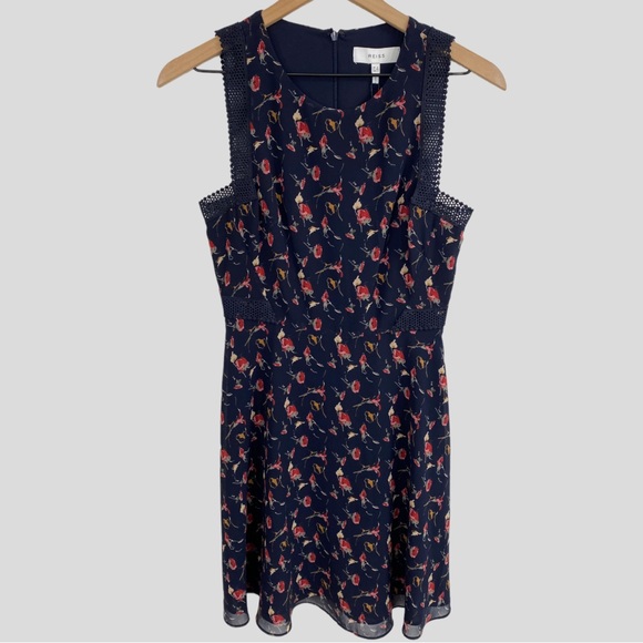 Reiss Navy Louise Floral Print Mesh Trim Dress NWT - Picture 2 of 9